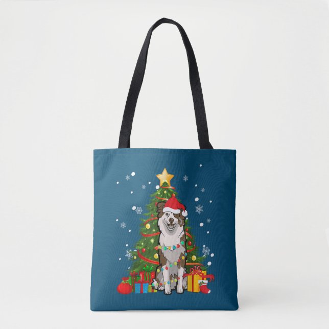 Bolsa Tote Australian shepherd Santa Christmas Tree Light (Frente)