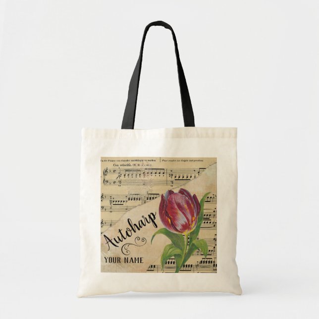 Bolsa Tote Autoharp Tulip Vintage Sheet Music Personalizada (Frente)