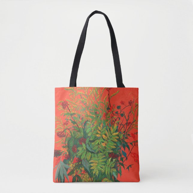 Bolsa Tote Autumn Floral Rowan Leaves, ElderBerries, Laranja (Frente)