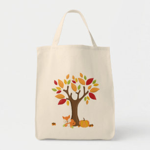Bolsa Tote Autumn Fox debaixo da Fall Tree Deixa Pumpkin