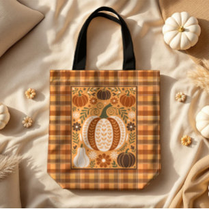 Bolsa Tote Autumn Gourds Folk Art na Xadrez Marrom
