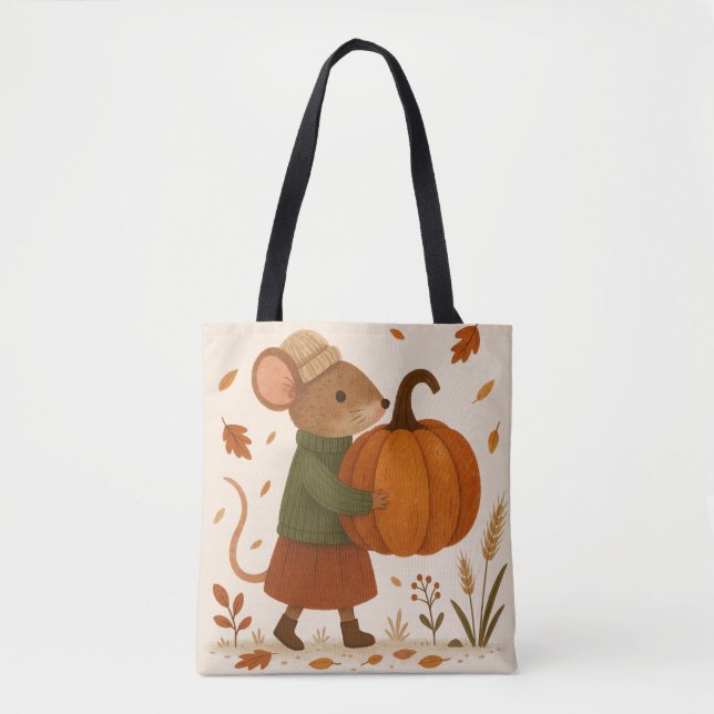 Bolsa Tote Autumn Mouse com Pumpkin - Whimsical Fall Illustr (Frente)