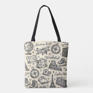 Bolsa Tote Aventuras de Viagem Vintage Padrão Perfeito