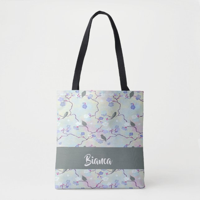 Bolsa Tote Aves cinzas com flores (Frente)