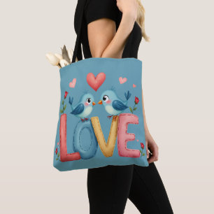 Bolsa Tote Aves Com Amor Whimsical Pastel Cottagecore Art