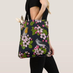 Bolsa Tote Aves e Blossomas em preto