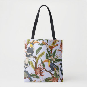 Bolsa Tote Aves e Flores: Padrão Vintage Tropical.