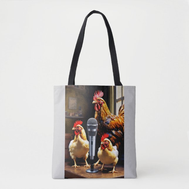 Bolsa Tote Aves em Sessão – Galinhas com Microfone e Gravador (Frente)