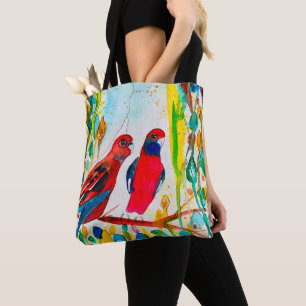 Bolsa Tote Aves rosella na arte aquática das árvores