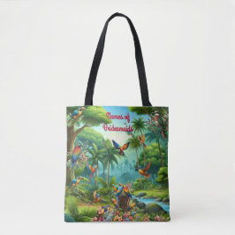 Bolsa Tote Aves Tropicais Coloridas entre Planta Vibrante, Lu