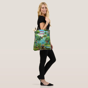 Bolsa Tote Aves Tropicais Coloridas entre Planta Vibrante, Lu