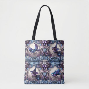Bolsa Tote Aviário Vitoriano: Um Jardim Azulejo Roxo