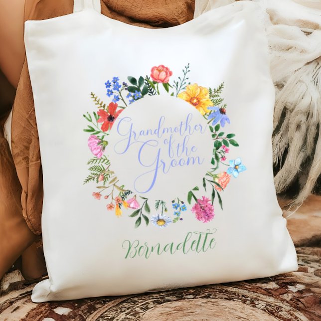 Bolsa Tote Avó de flor selvagem do Casamento de Groom (Grandmother of the groom gift. Wildflower watercolor boho floral tote bag)