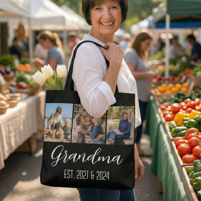 Bolsa Tote Avó Estabelecida Preto 3 Foto Branco Script Tot (Criador carregado)