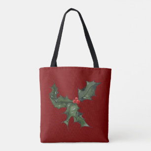 Bolsa Tote Azevinho Simples em Aquarela Vermelho e Verde 