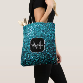 Bolsa Tote Azul aqua brilhante falso brilho faísca Monograma