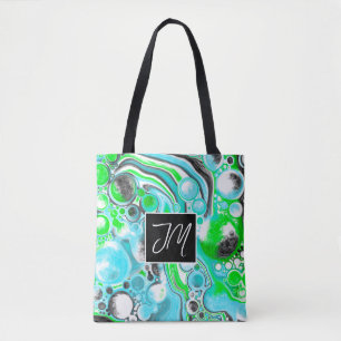 Bolsa Tote Azul Aqua e bolhas de Verde limão Arte Fluida Marb