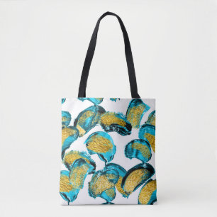 Bolsa Tote Azul aquarela, turquesa, arte dourada.