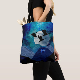 Bolsa Tote Azul Artístico Montanhas Noturnas Gansos Voadores