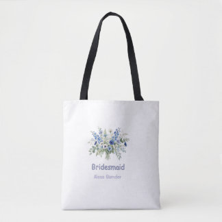Bolsa Tote azul branco floral damas de honra nome roxo modern