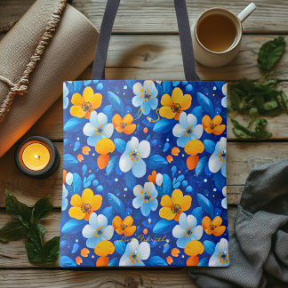 Bolsa Tote Azul Brilhante e Amarelo Floral Wellness Token Bag