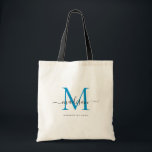 Bolsa Tote Azul Brilhante Monograma Preto Elegante Nome Scrip<br><div class="desc">Bolsa de mão com nome em letra inicial monograma preto azul oceano brilhante clássico elegante moderno</div>