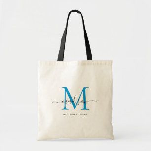 Bolsa Tote Azul Brilhante Monograma Preto Elegante Nome Scrip