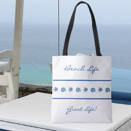 Bolsa Tote Azul Chic e Strips Brancos Shell Fish Beach Life