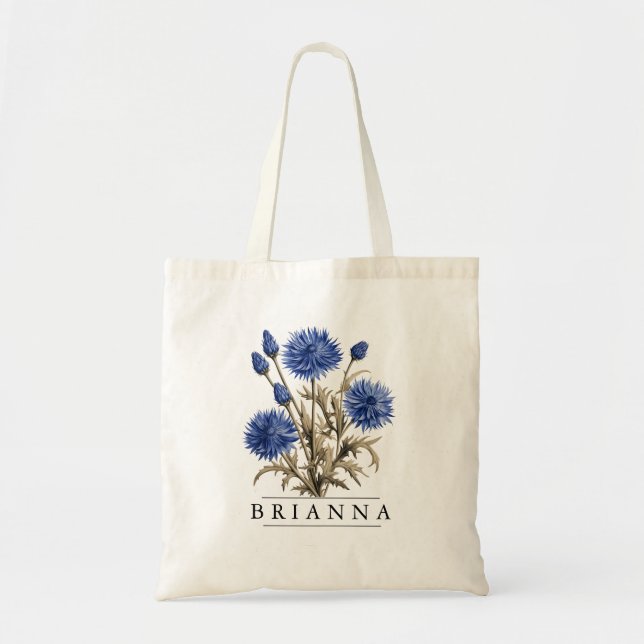 Bolsa Tote Azul-Chic Floral Botânico-Personalizar Orçamento (Frente)