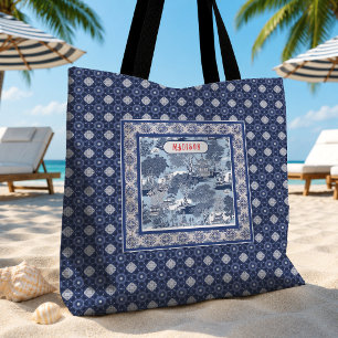 Bolsa Tote Azul Chic toile de Jouy monograma chinês de salgue