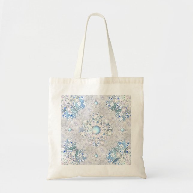 Bolsa Tote Azul claro e floco de neve de rendas cerâmicas (Frente)