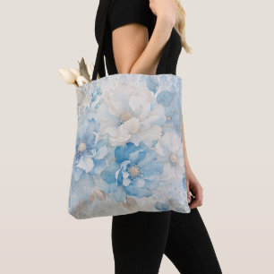 Bolsa Tote Azul claro e floral branco