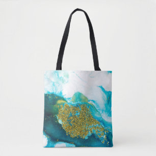Bolsa Tote Azul com arte fluida com brilho dourado, abstração