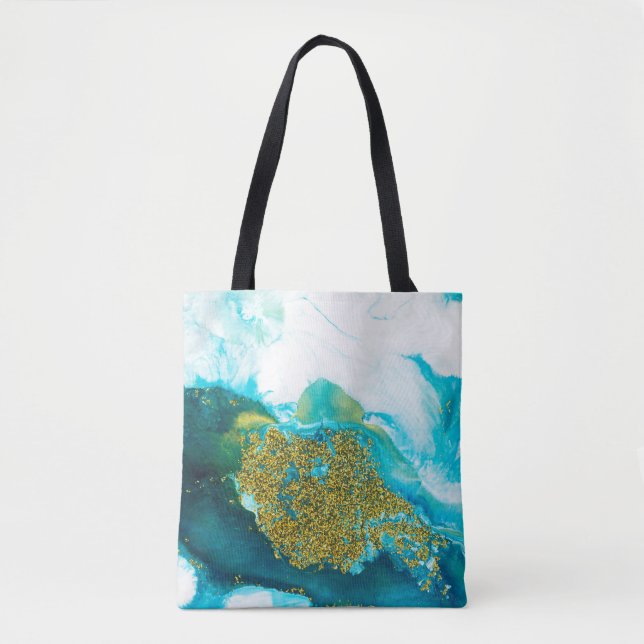 Bolsa Tote Azul com arte fluida com brilho dourado, abstração (Frente)