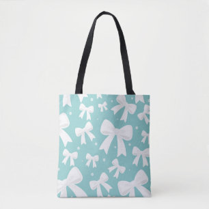 Bolsa Tote Azul Com Pérolas & Laços Brancos Coquette