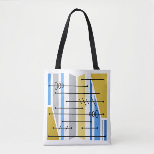 Bolsa Tote Azul de Arte Geométrica de Abstrato Atômica Dourad