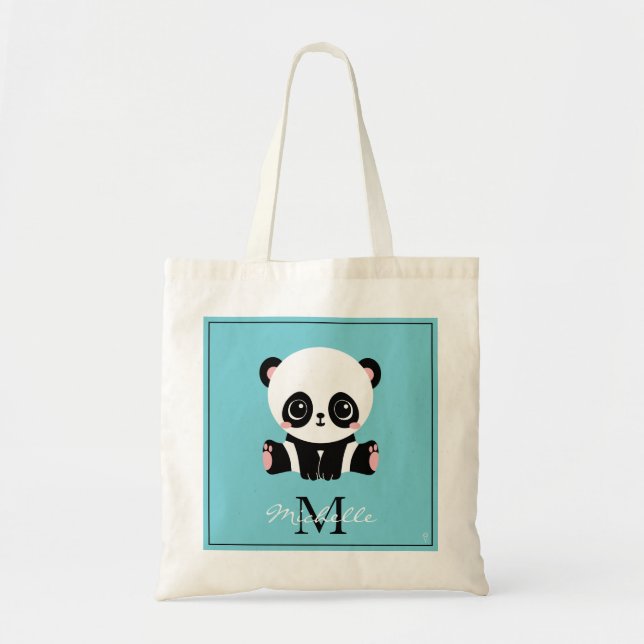 Bolsa Tote Azul de bolha personalizada Panda branca monograma (Frente)