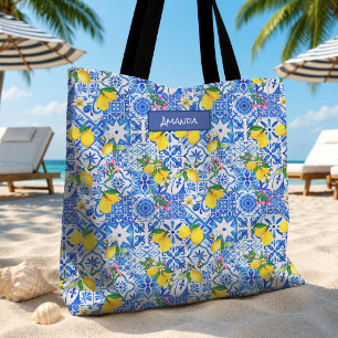 Bolsa Tote Azul de Verão Siciliano Majólica Cítrico Mediterrâ
