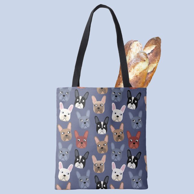 Bolsa Tote Azul-Diversão do Buldogue Francês (Fun French Bulldog Frenchie dog patterned tote bag for your favorite animal lover)