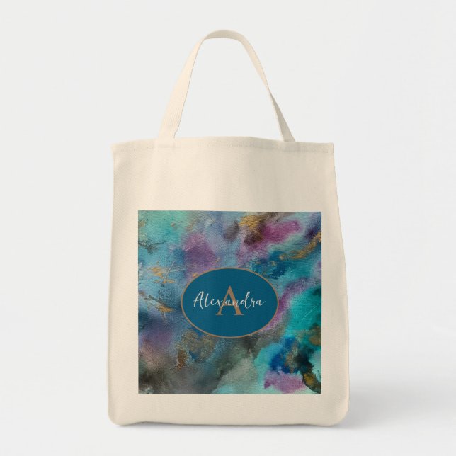 Bolsa Tote Azul, Dourado, Abstrato de Aquarela Personalizada (Frente)