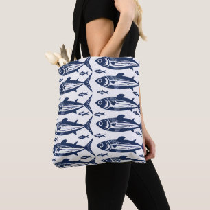 Bolsa Tote Azul e Branco Trendine Fish