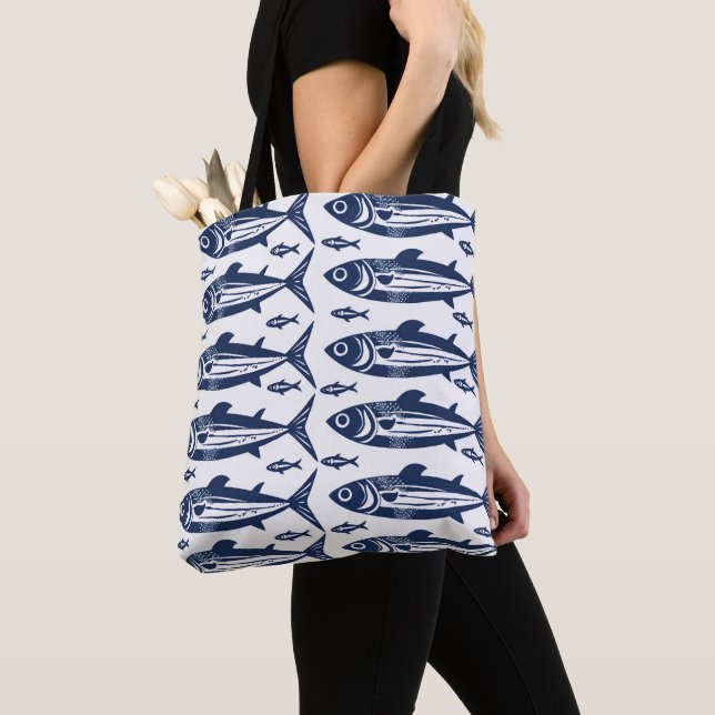Bolsa Tote Azul e Branco Trendine Fish (Close Up)