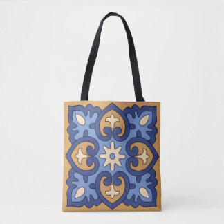 Bolsa Tote Azul e Dourado Geométrico Floral