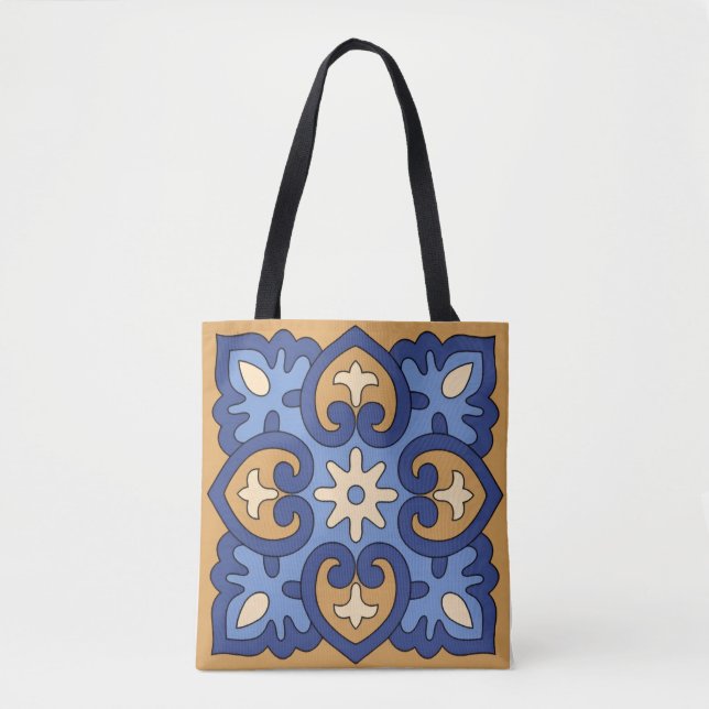 Bolsa Tote Azul e Dourado Geométrico Floral (Frente)