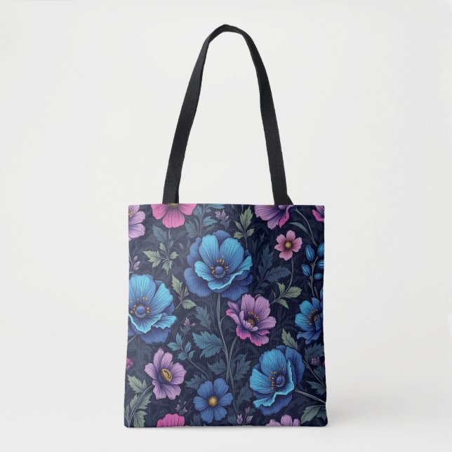 Bolsa Tote Azul e Floral Bege (Frente)