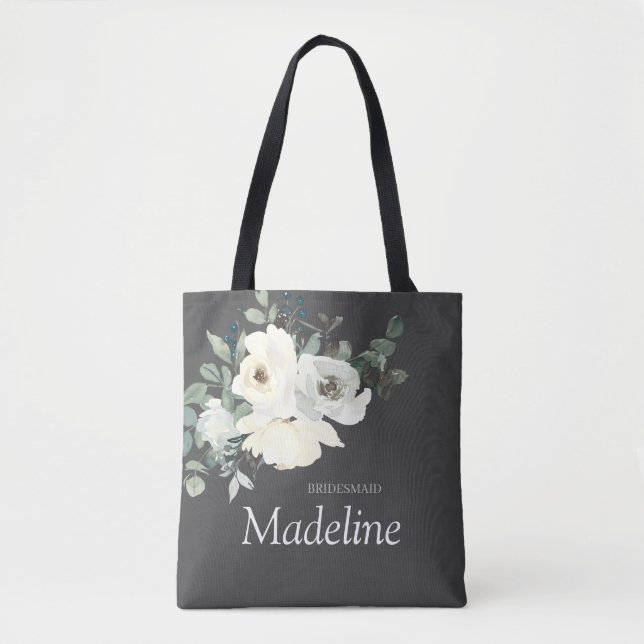 Bolsa Tote Azul empoeirado e floral branco - Cinza (Frente)