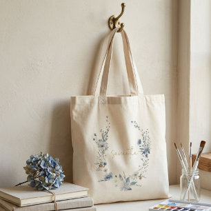 Bolsa Tote Azul Empoeirado Flora Verde de Primavera Monograma
