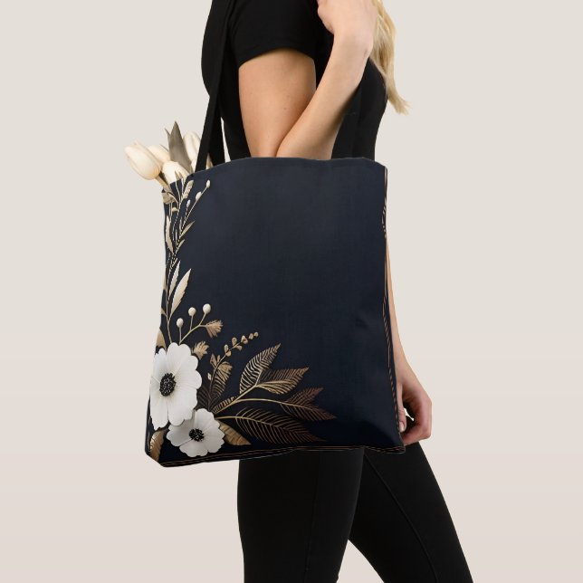 Bolsa Tote Azul escuro com flores Douradas e brancas (Close Up)