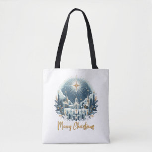 Bolsa Tote Azul Feliz Natal e ouro