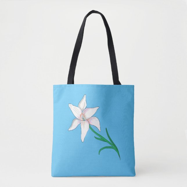Bolsa Tote Azul-Flor Branco Azul-Céu (Frente)